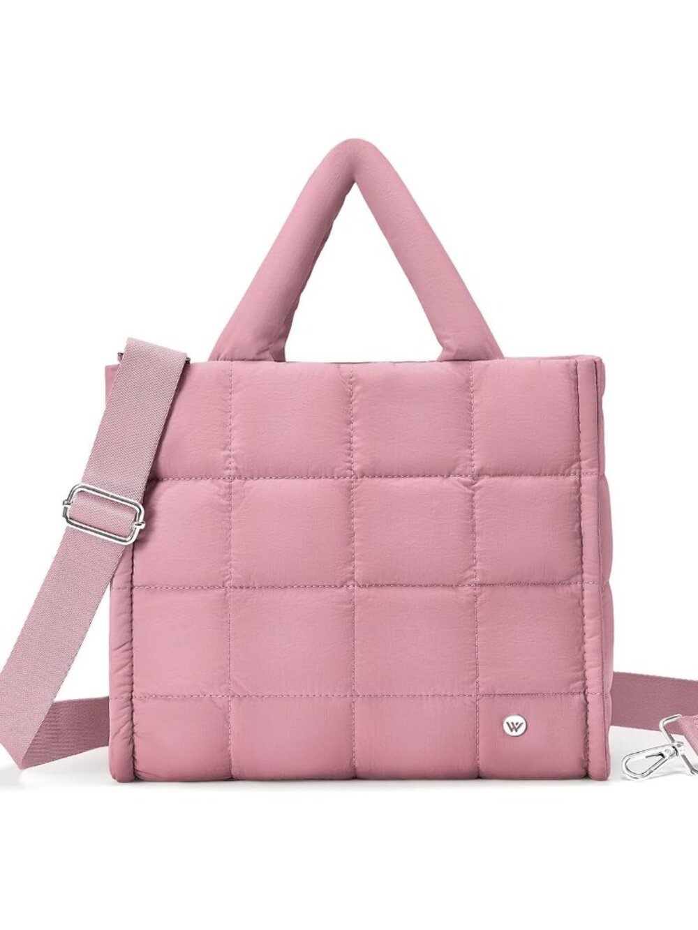 Women's Dark Pink Quilted Tote Bag Puffy Weekender Overnight Nylon Shoulder